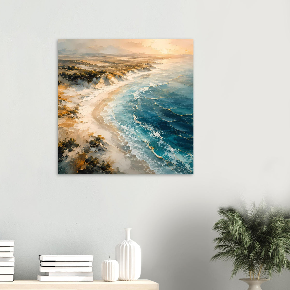 Quadratisches Poster mit Sandküste und türkisblauem Meer, schäumende Wellen
