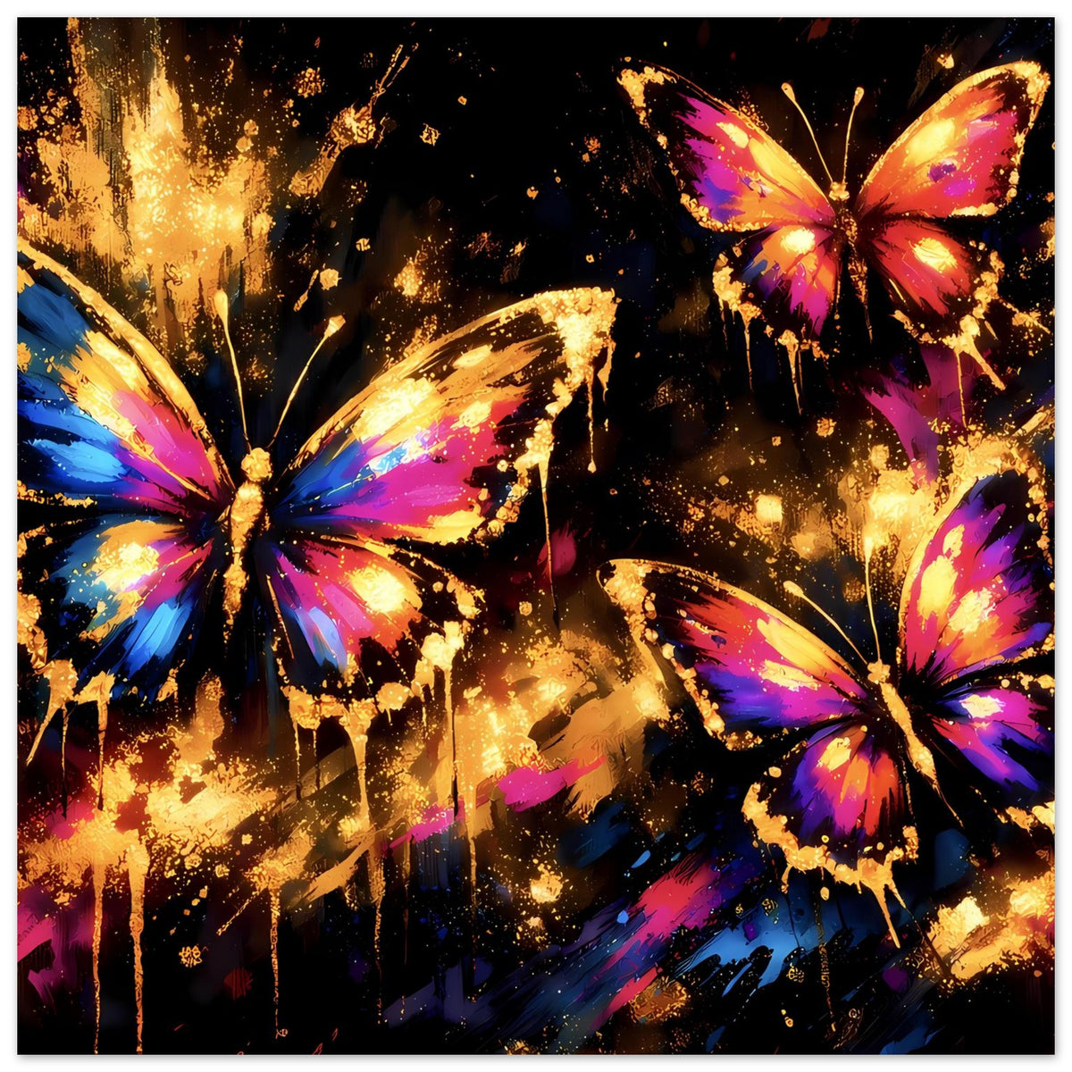 Querformatiges Kunstposter mit bunten Schmetterlingen in Pink, Blau, Lila und Gold