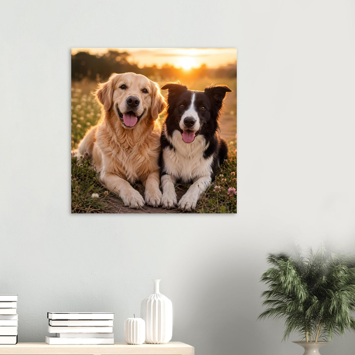 Quadratisches Poster mit Porträt von zwei Hunden im warmen Sonnenuntergang
