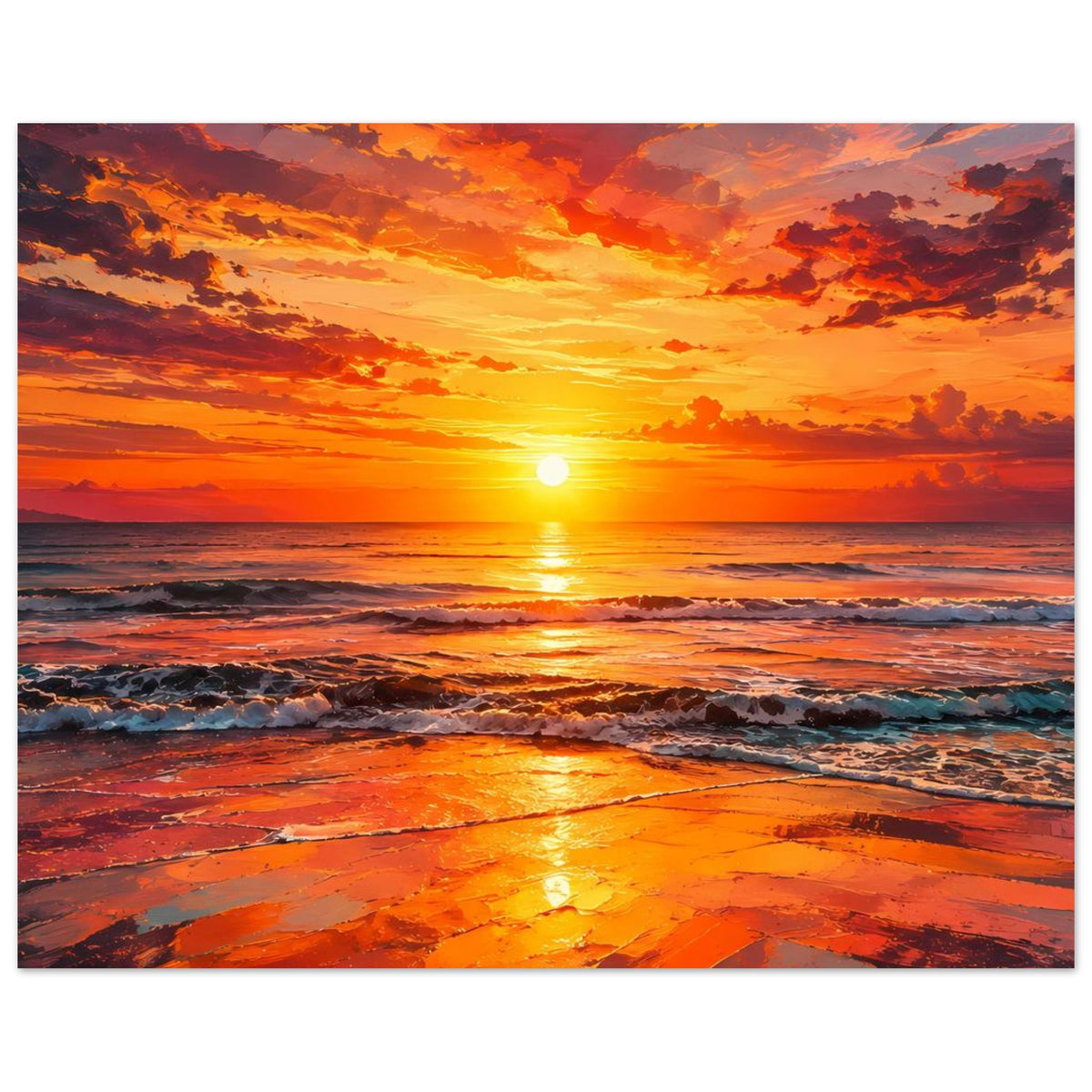 Horizontales Poster mit Sonnenaufgang über dem Strand, bunte Wolken und Meerblick