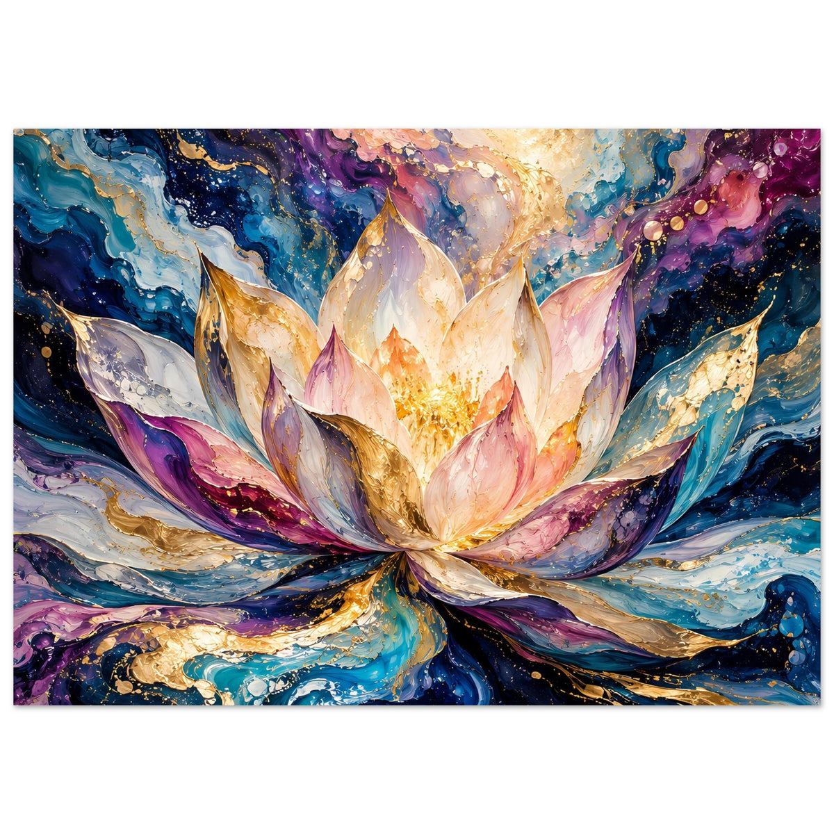 Blumenposter im Querformat mit mittiger goldener Blüte, pinken und blauen Farbsäumen