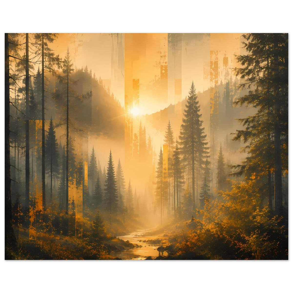 Breites Poster (Querformat): Bach durch den Wald, goldene Sonne, neblige Baumreihen