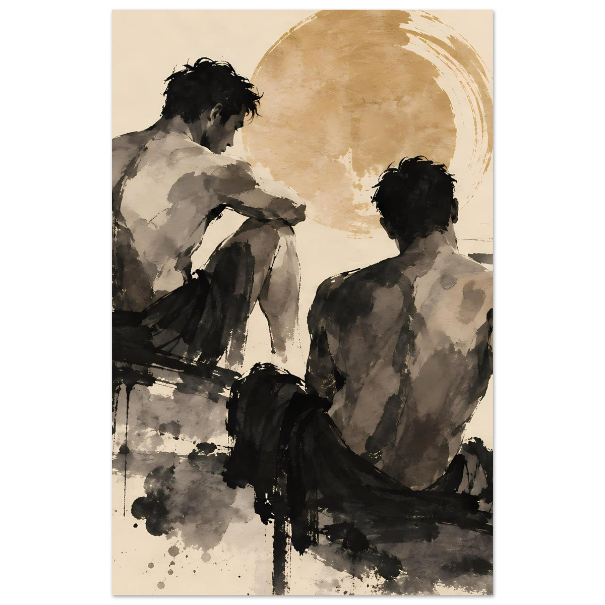 Kunstposter mit zwei Figuren, Sepia-Töne und kräftige schwarze Pinselspuren