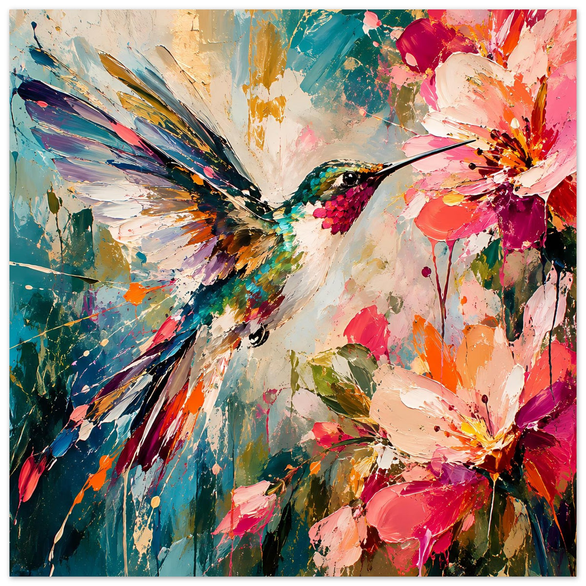 Kolibri-und-Blumen-Kunstdruck im Hochformat, leuchtender Kolibri mit farbigen Blüten und Spritzern
