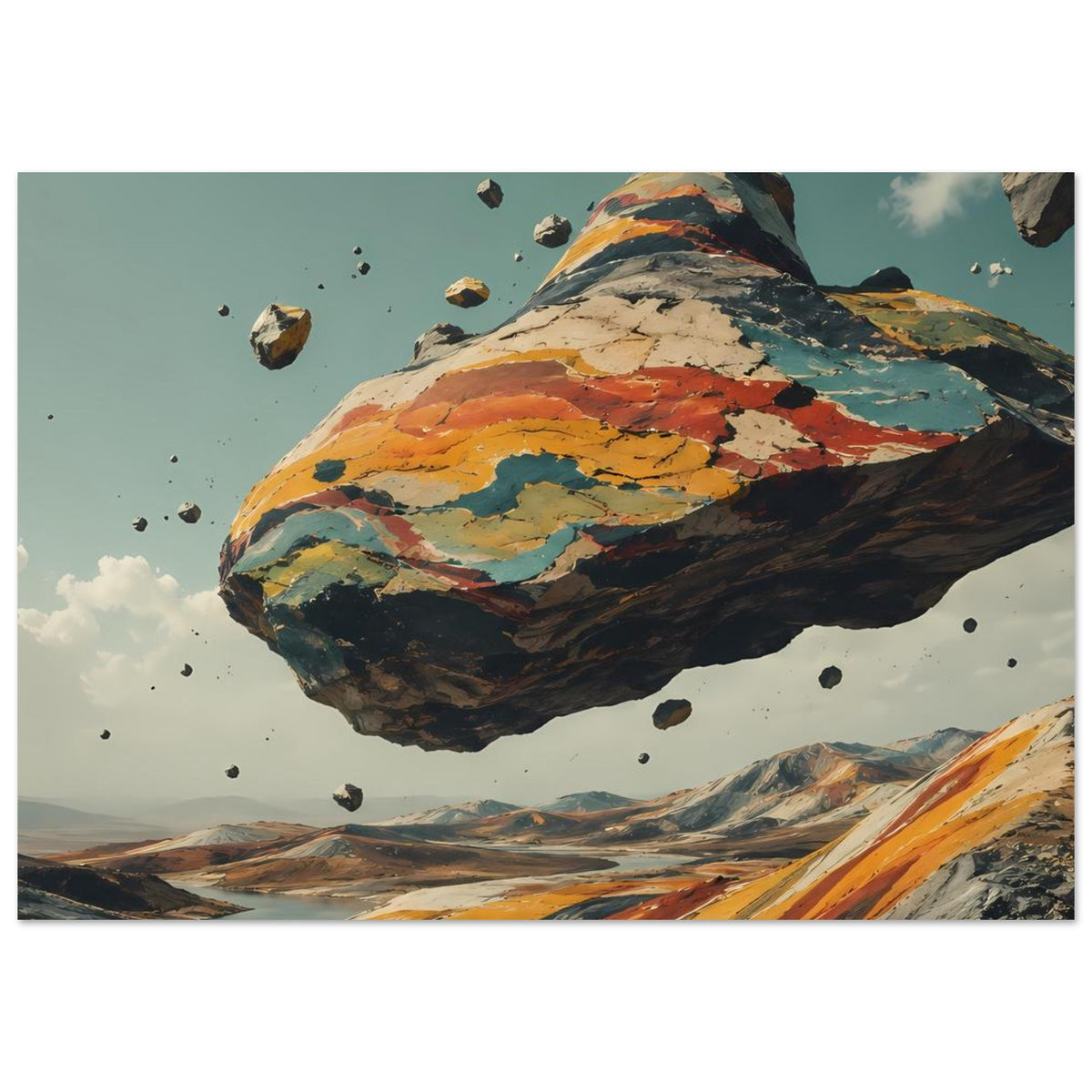 Horizontales Poster mit schwebendem Felsberg und bunten Erdtönen über weiten Tälern