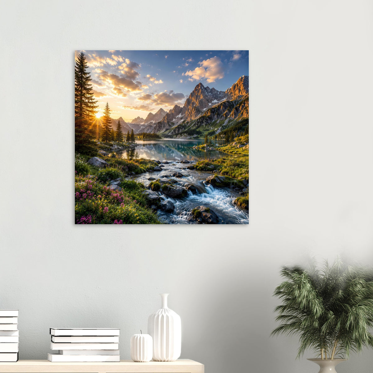 Gerahmtes Poster mit Berglandschaft und Sonnenaufgang, Fichten, Bachlauf und Flusstal.