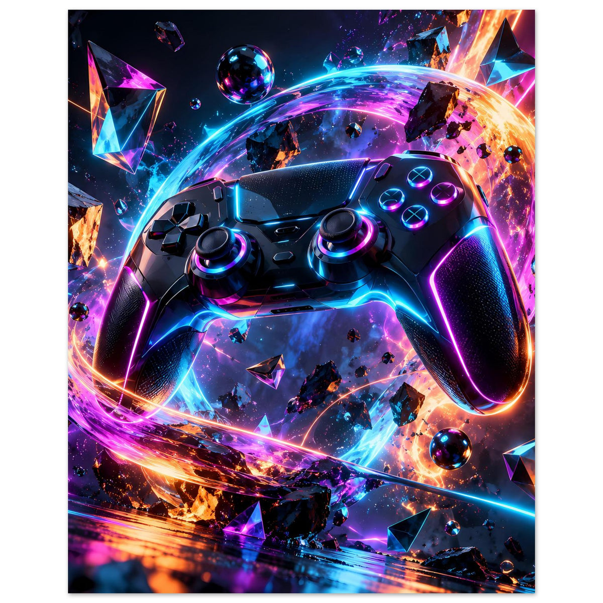 Poster mit Neon-Gaming-Controller in Nahansicht, farbige Energieeffekte und Fragmente