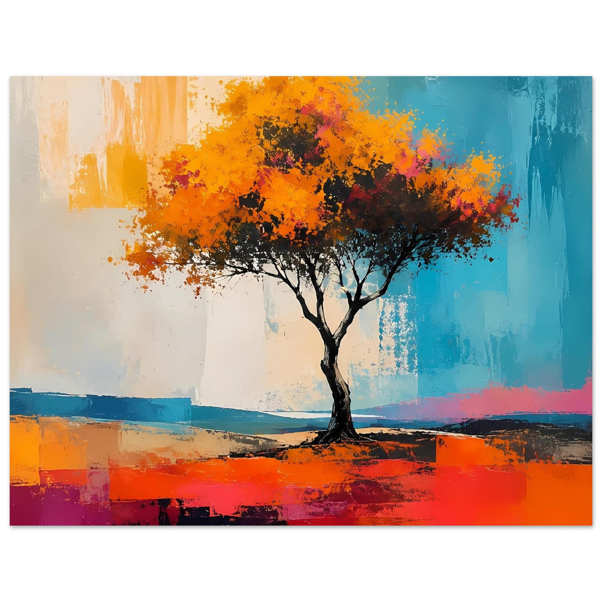 Abstraktes Poster mit Baum, orangefarbenem Blätterdach und türkisblauem Hintergrund