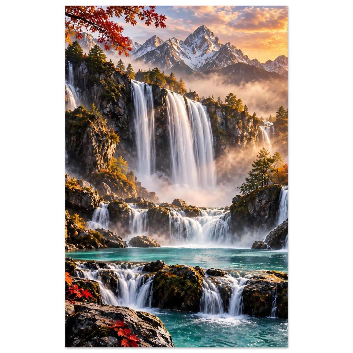 Poster im Hochformat mit Wasserfällen, Bergen, Nebel im Tal und Herbstlaub am Rand