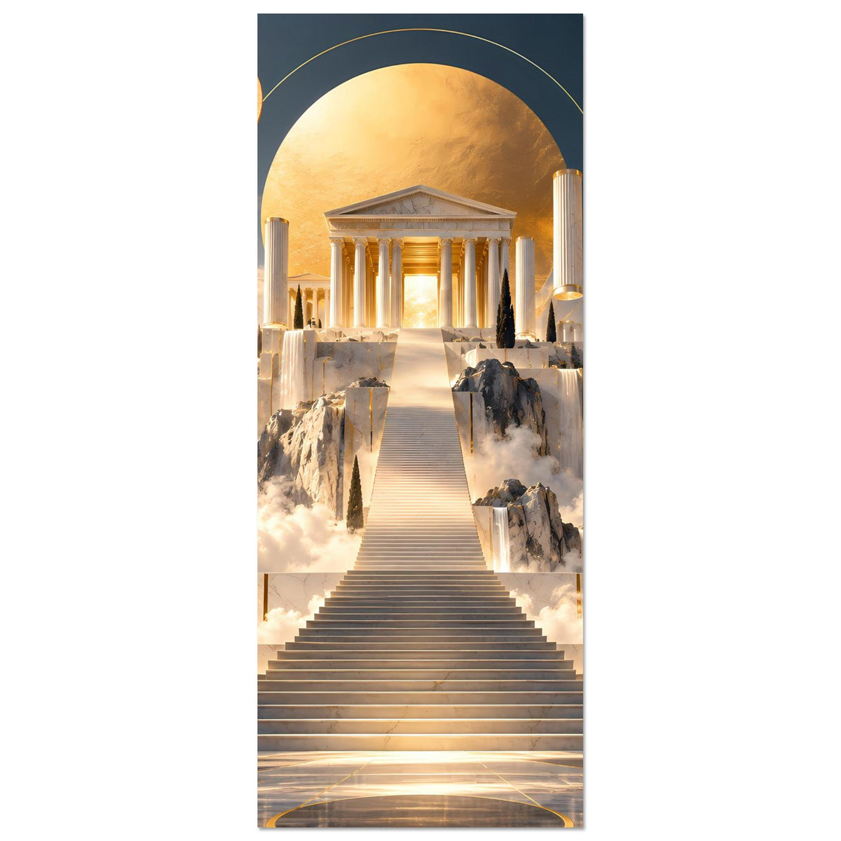 Vertikales Poster: goldene Säulen und Treppe, Wasserfälle, Portalbogen und große Sonne im Himmel