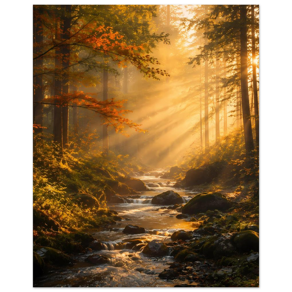 Vertikales Wandposter mit Herbstbäumen und warmem Licht, Bach mit Steinen und Moosufer