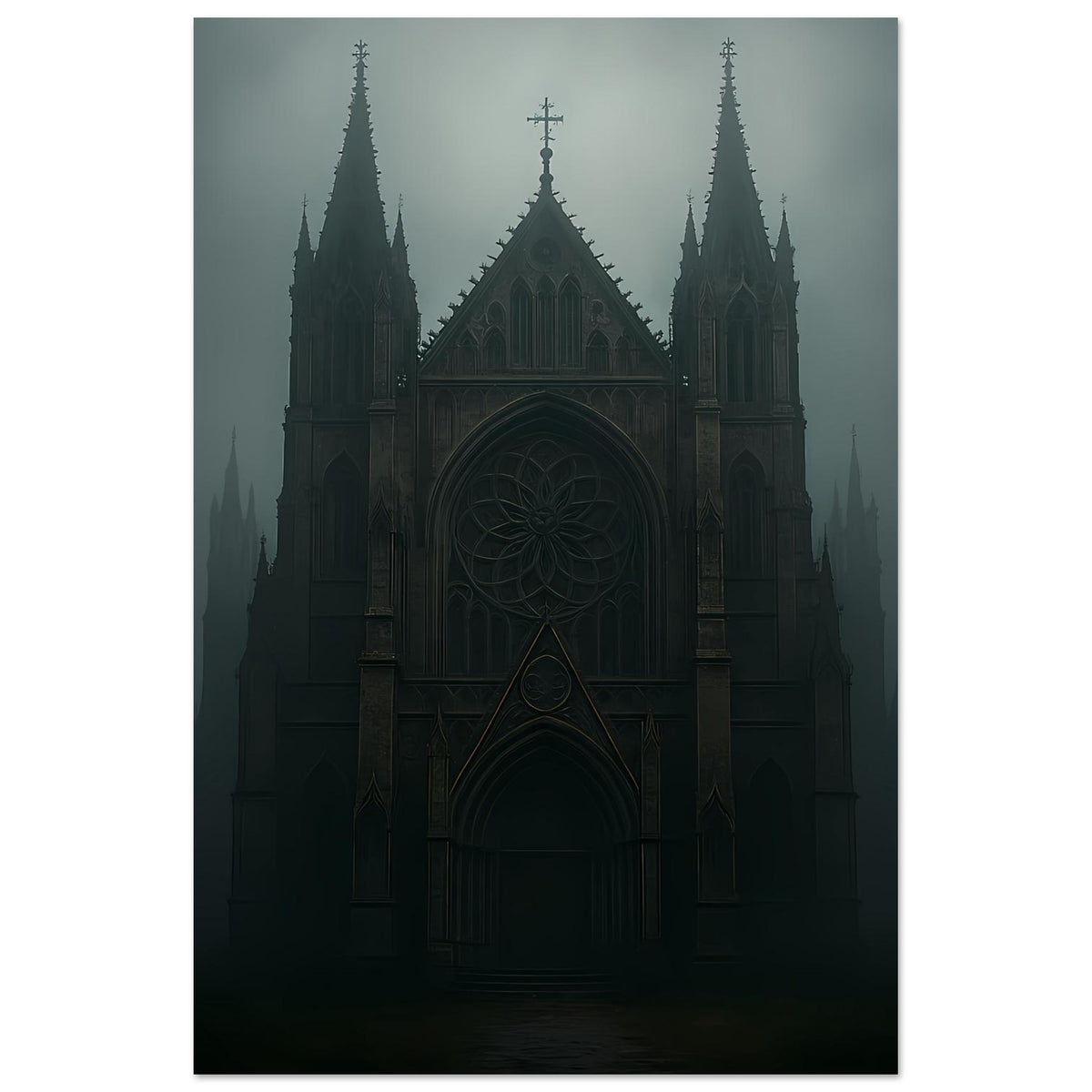 Gotisches Kathedralenposter im Hochformat, dunkle Fassadenansicht mit Torbogen und Türmen