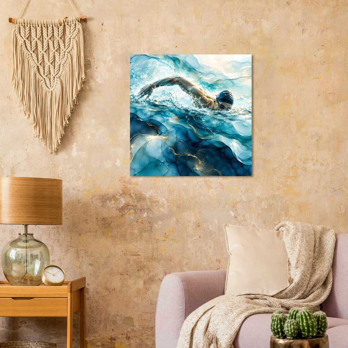 Quadratisches Wasser-Poster mit Schwimmer unter Wasser, blau-türkise Wellen
