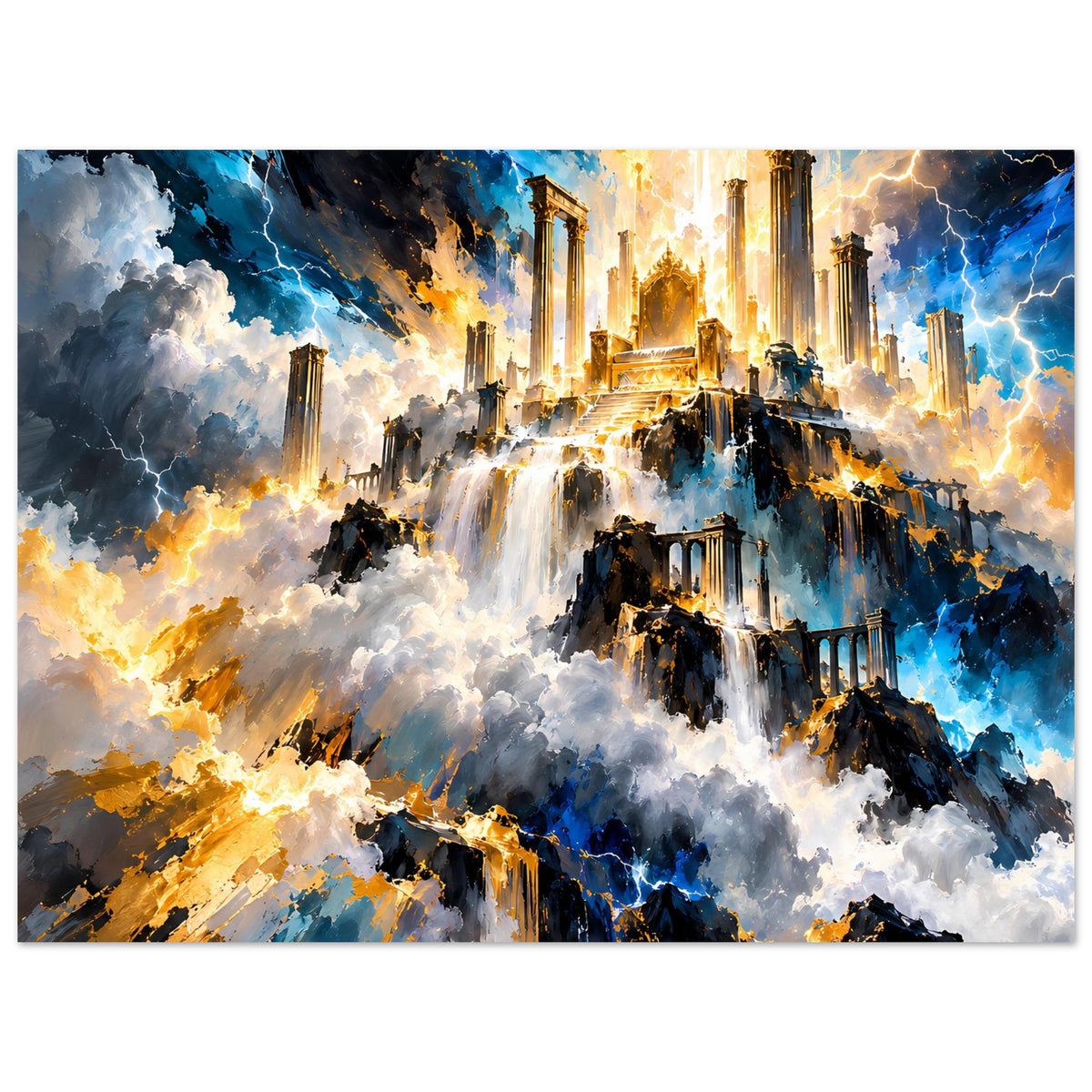 Fantasy-Poster quer: Wasserfälle zwischen Ruinen, leuchtende Architektur, blaue Farbtöne und Blitz