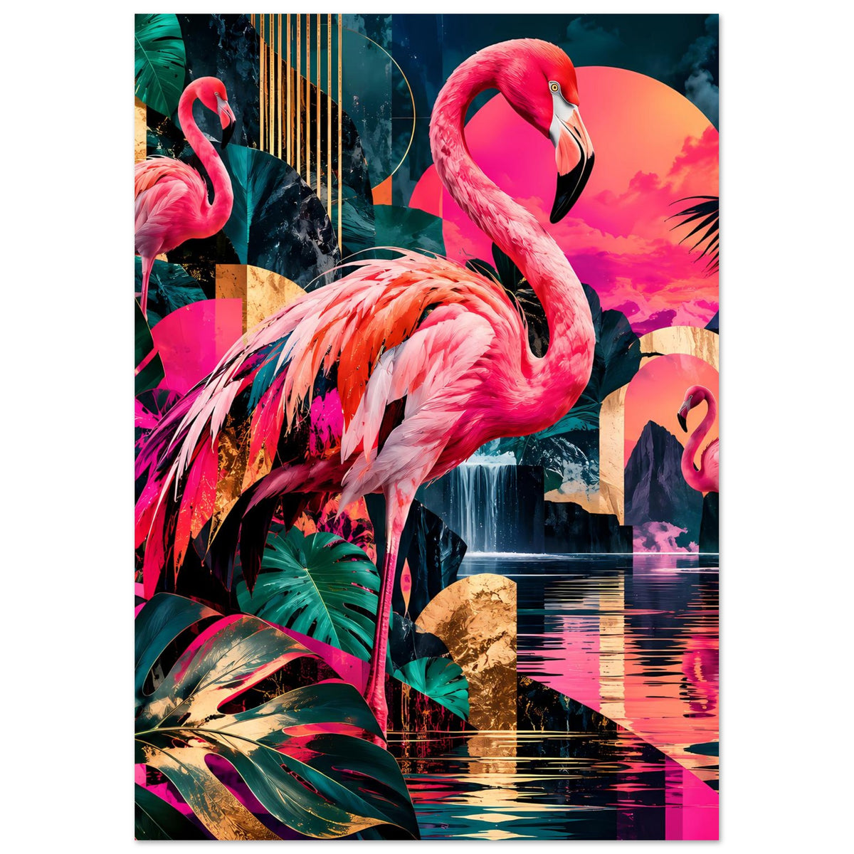 Poster mit pinkem Flamingo im Vordergrund, tropischen Blättern und Wasser im Hintergrund