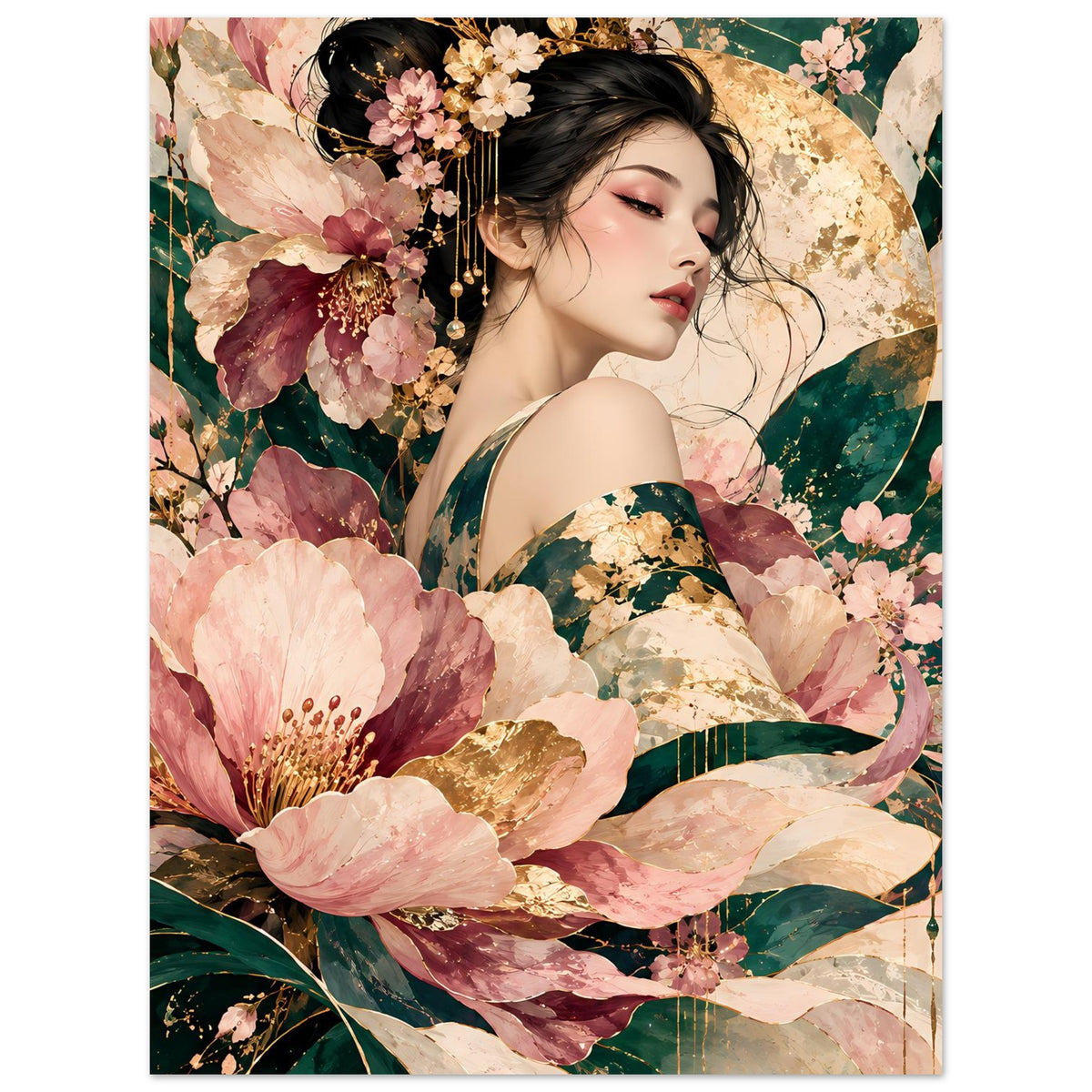 Elegantes Poster mit floraler Frauenporträt-Illustration in Rosé, Grün und Gold
