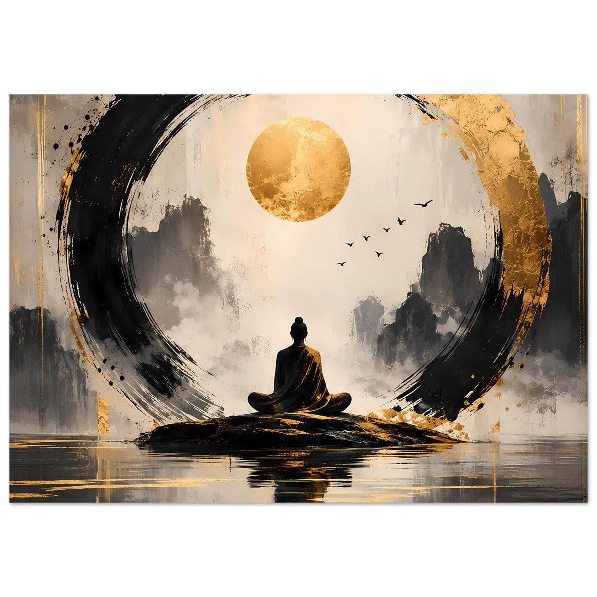 Meditationsposter mit sitzender Figur, goldenem Mond, schwarzem Pinselkreis und goldenen Linien am Rand