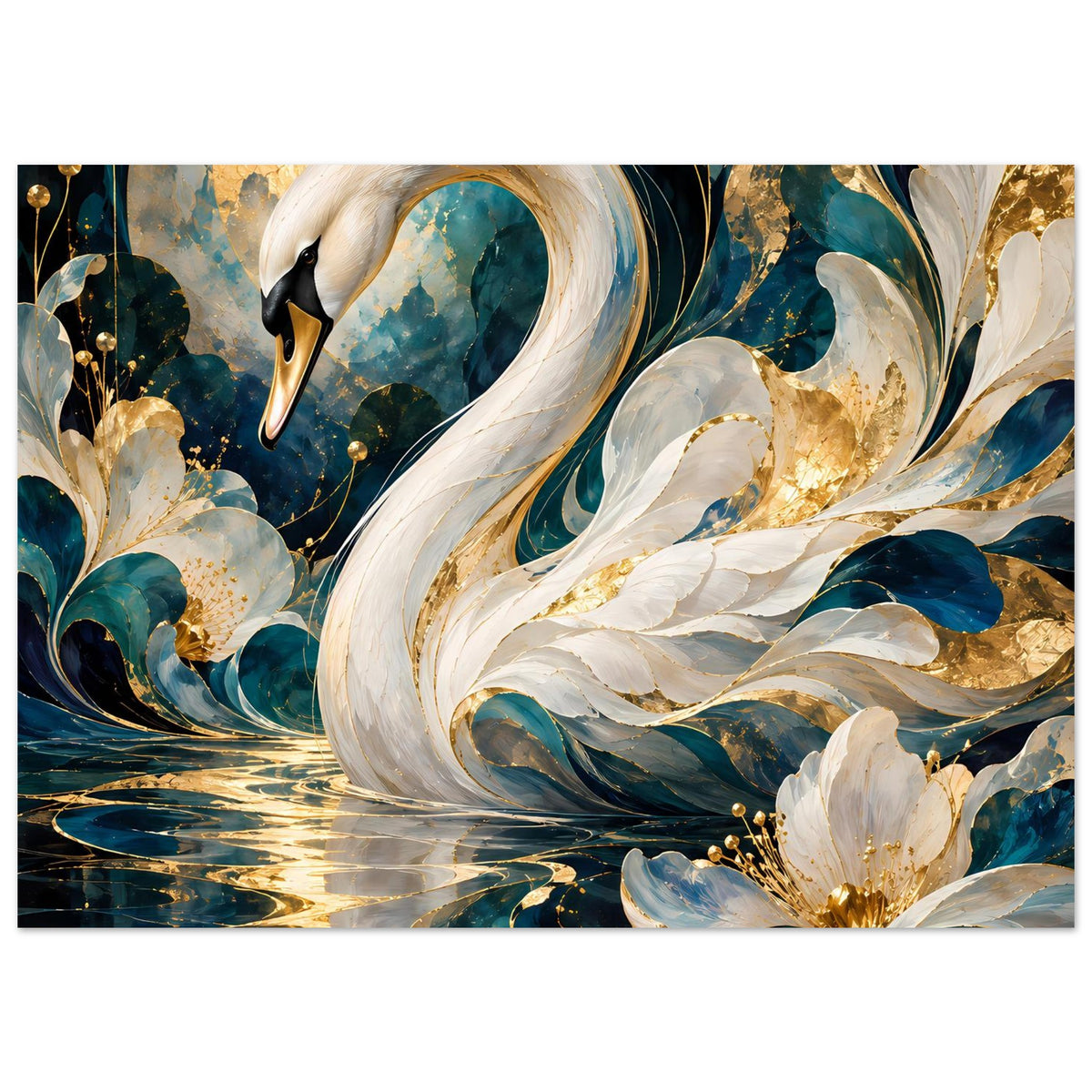 Breites Schwanen-Poster: weißer Schwan in türkis-goldenem Fluss mit Blüten