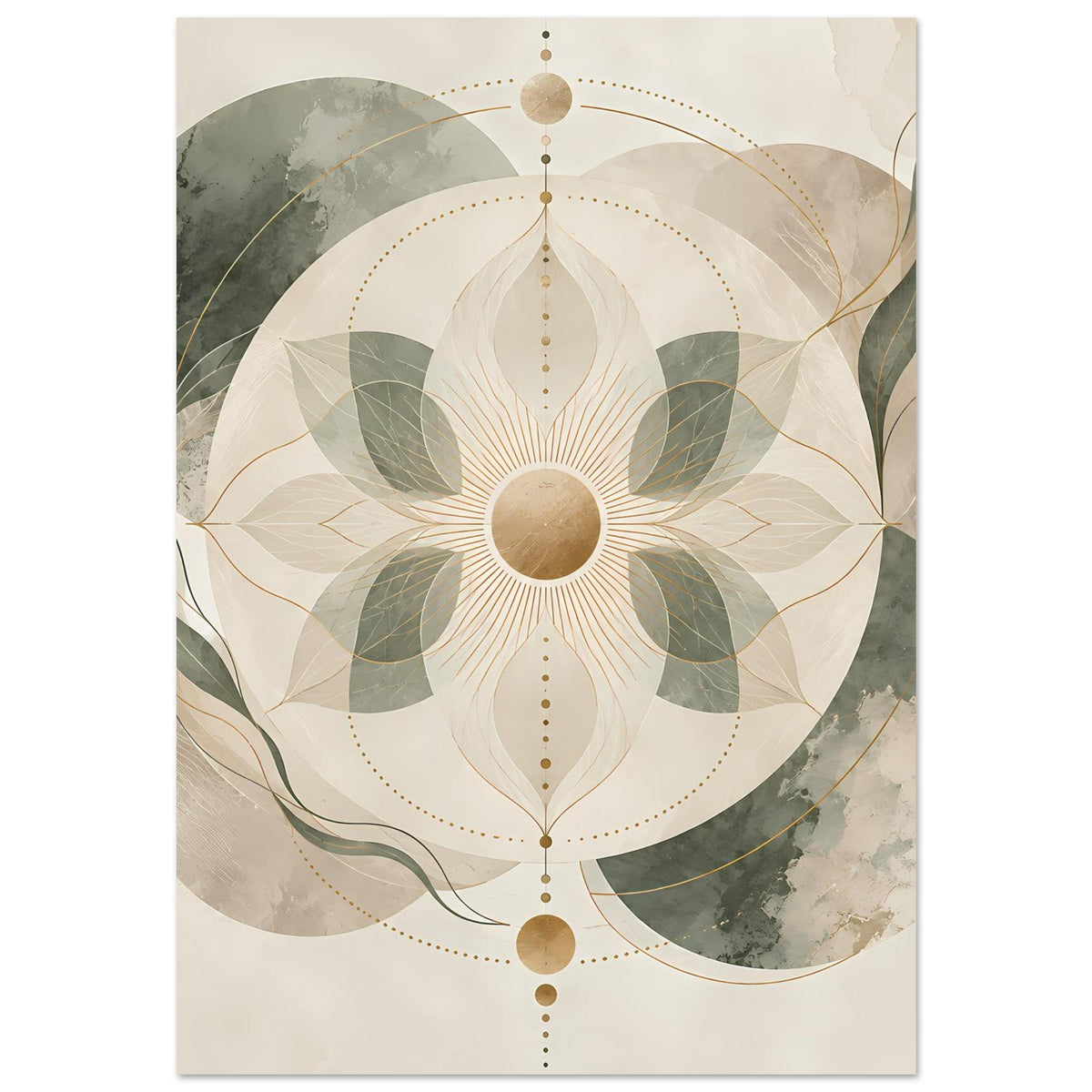 Zen-Poster mit Mandala in Beige, Grün und Gold, zentrales Blütenmotiv mit feinen Strahlen.
