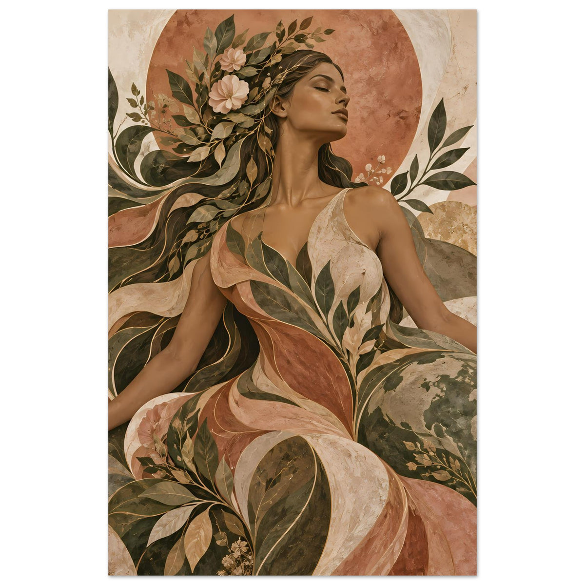 Kunstposter im Hochformat: Porträt einer Frau im Profil mit Blumenkranz und Blättern