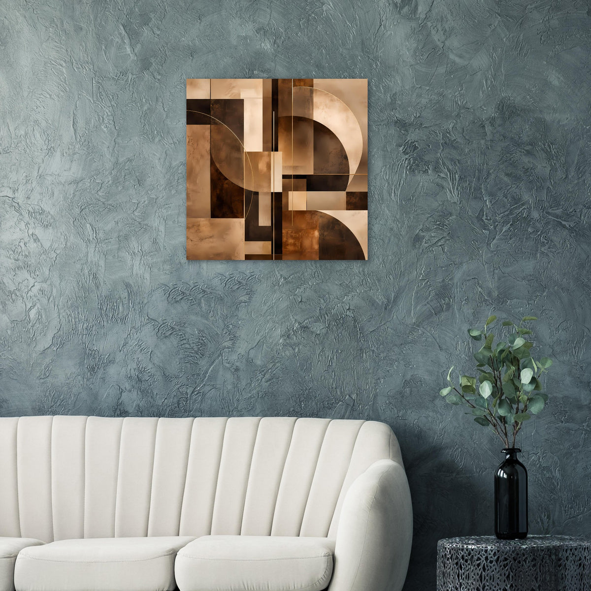 Abstraktes Poster in warmen Erdtönen mit geometrischen Blöcken und geschwungenen Formen.
