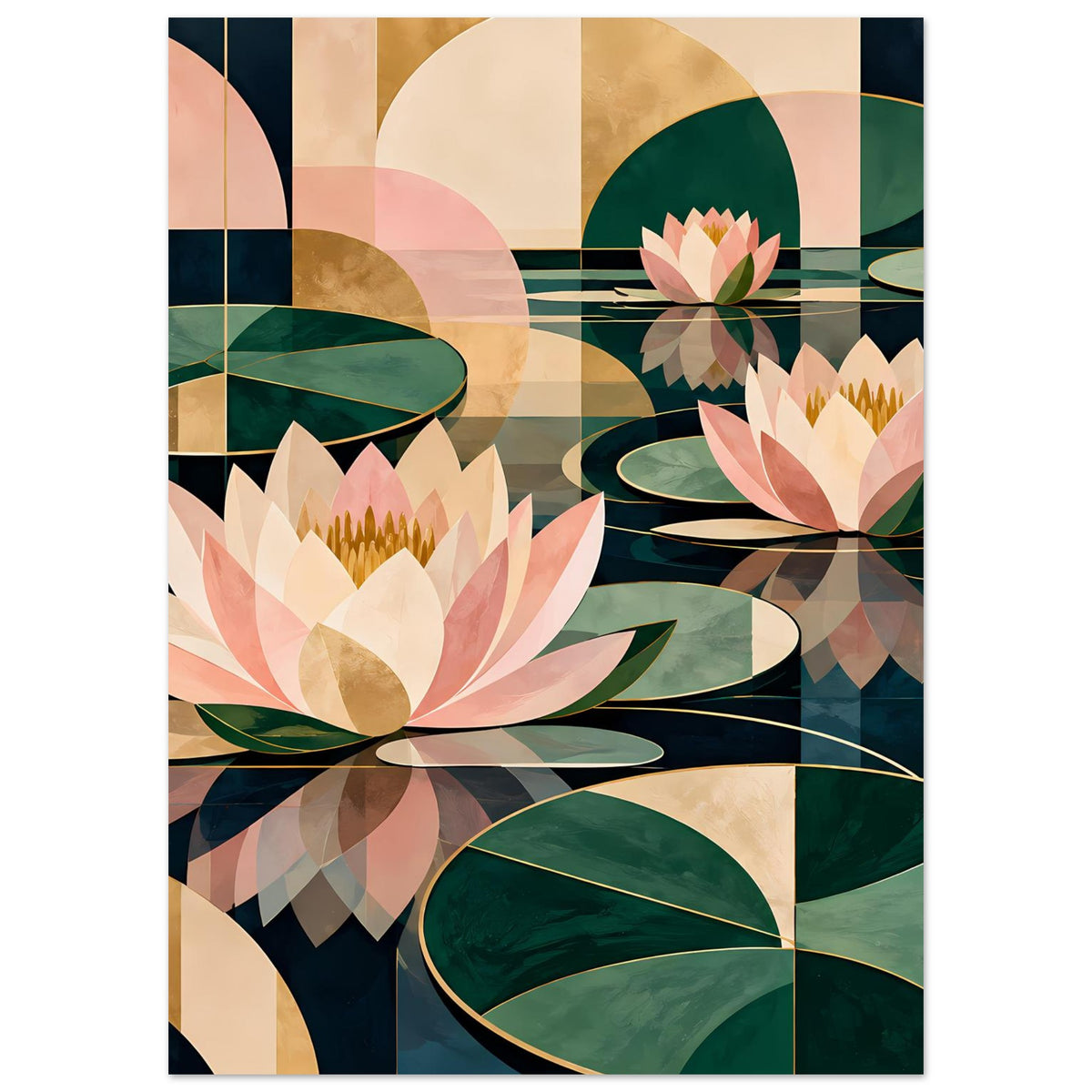 Lotus-Grafikposter mit großen Rosablüten, grünen Blättern und goldfarbenen Segmenten