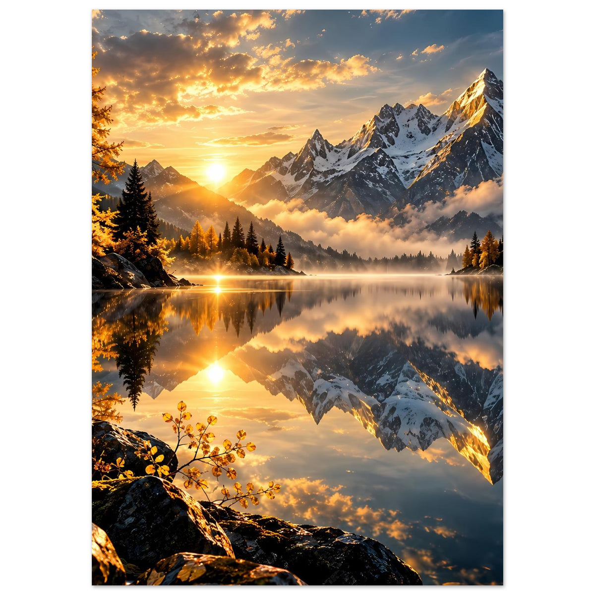 Vertikales Poster: Sonnenaufgang über dem Bergsee, Alpenpanorama und Spiegelung im Wasser