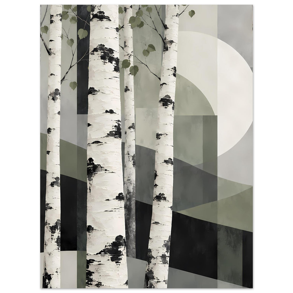 Naturposter mit Birkenwald-Motiv, gestaffelten Balken und großem Kreis im rechten Bereich.
