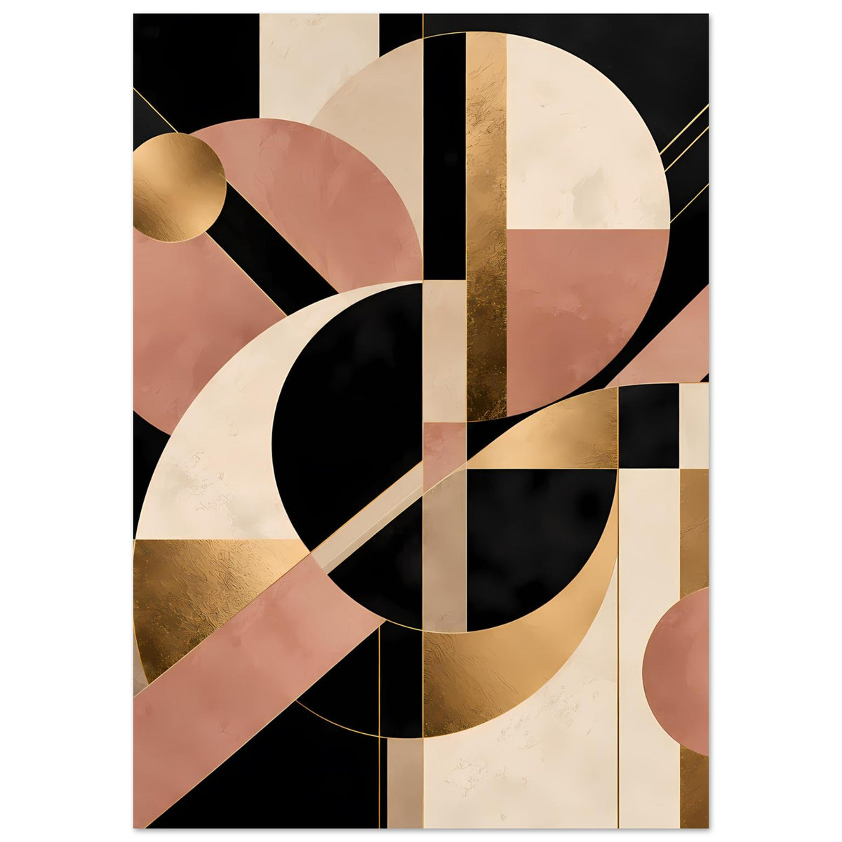 Wandposter mit geometrischen Kreisen, Diagonallinien und Goldakzenten in Schwarz und Rosatönen