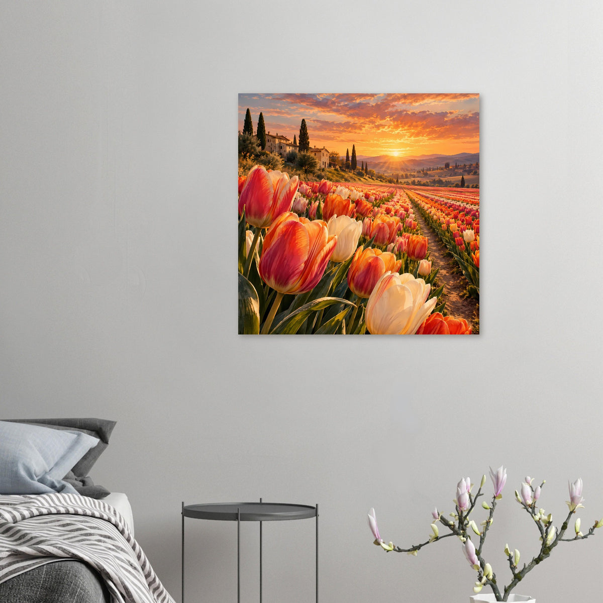 Quadratisches Poster mit Tulpenfeld und Sonnenuntergang über Hügeln