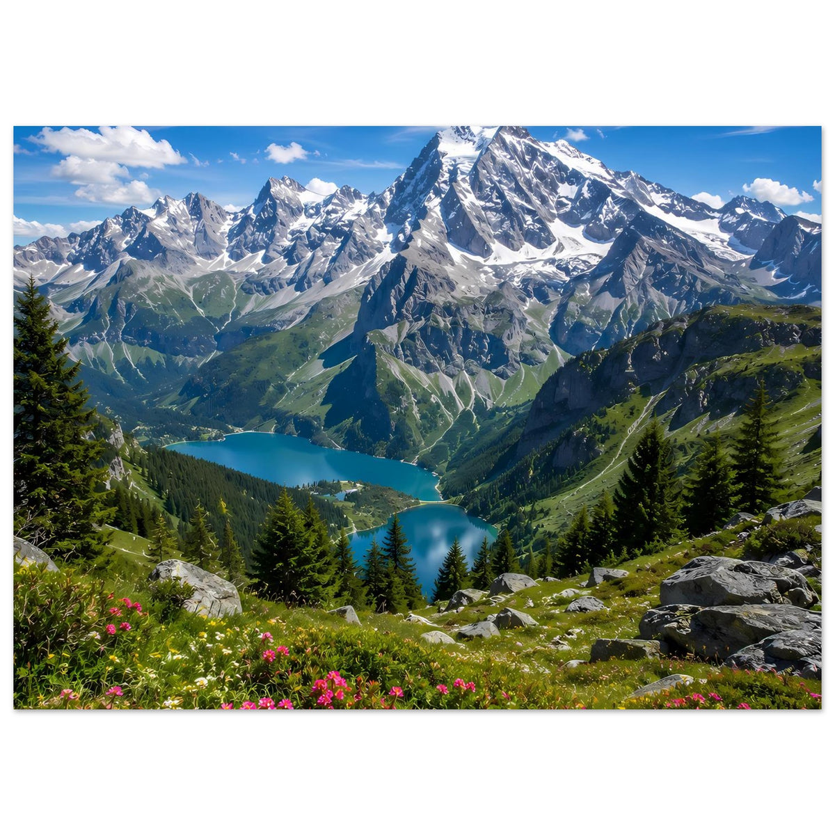 Landschaftsposter mit weitem Alpenblick, Bergsee, Nadelwald und farbigen Blüten im Vordergrund