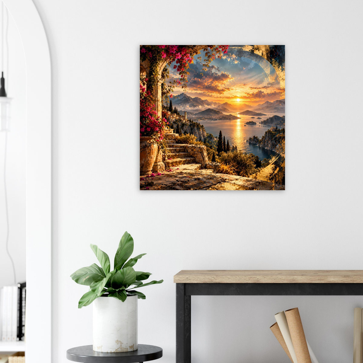 Wandbild-Poster mit Sonnenuntergang über Meer, Treppenstufen links und Berge rechts