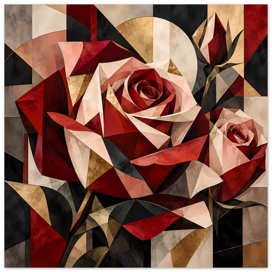 Blumenposter mit geometrischer roter und goldener Rose, abstrakte Dreiecke und Linien