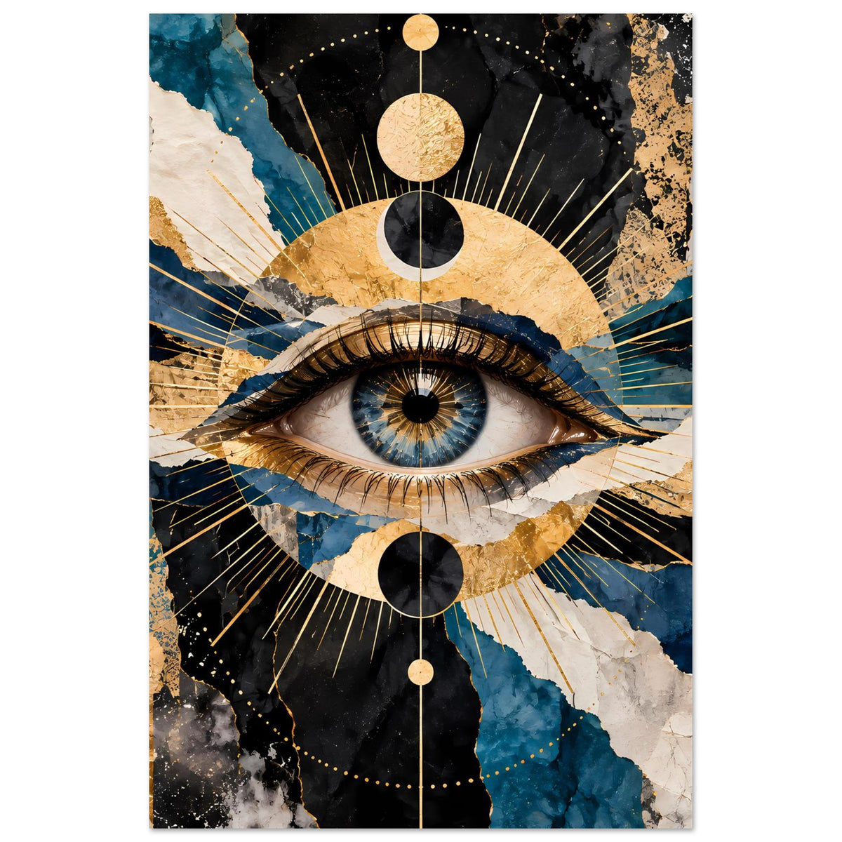 Hochformat-Kunstposter mit stilisiertem Auge, goldene Kreise und Strahlen, Blau-Schwarz