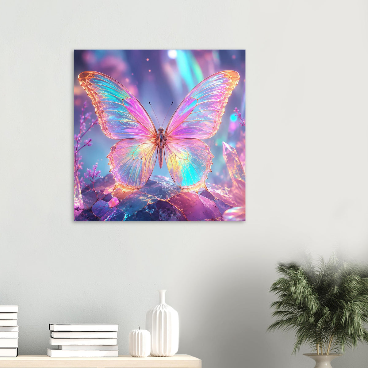 Fantasy-Poster mit Regenbogen-Schmetterling zwischen Kristallen, zentriert im Motiv