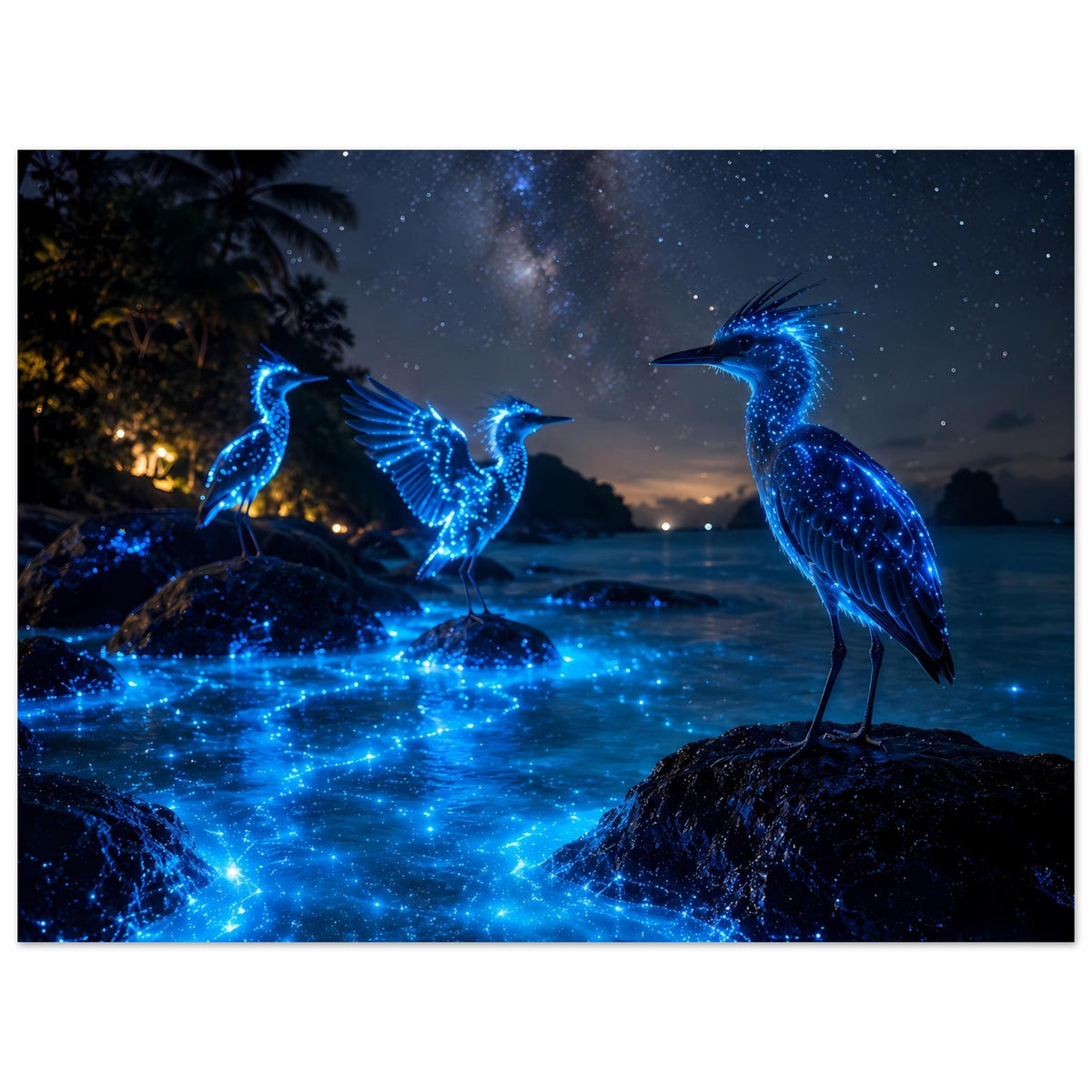 Poster: drei leuchtend blaue Nachtvögel auf Felsen, glitzerndes Wasser im Sternenhimmel