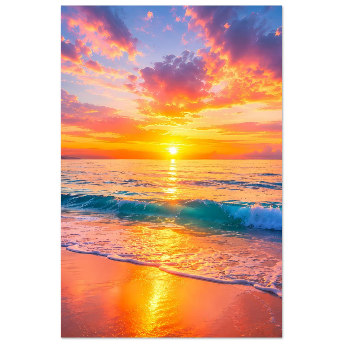 Vertikales Beachposter mit Sonnenuntergang, schäumenden Wellen und reflektierendem Licht auf dem Sand