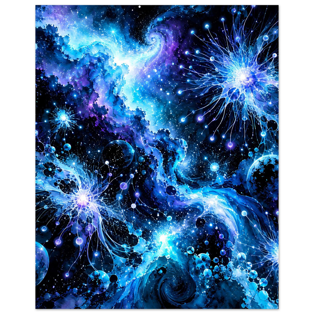 Leuchtendes galaktisches Poster, blaues Universum mit Planeten und Lichtstrahl-Nebelstrukturen