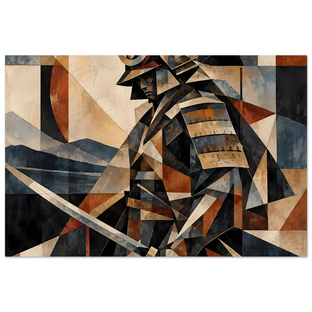 Poster mit geometrischem Samurai-Krieger in Erdtönen und Blau, abstrakte Kanten und Blick auf Schwert