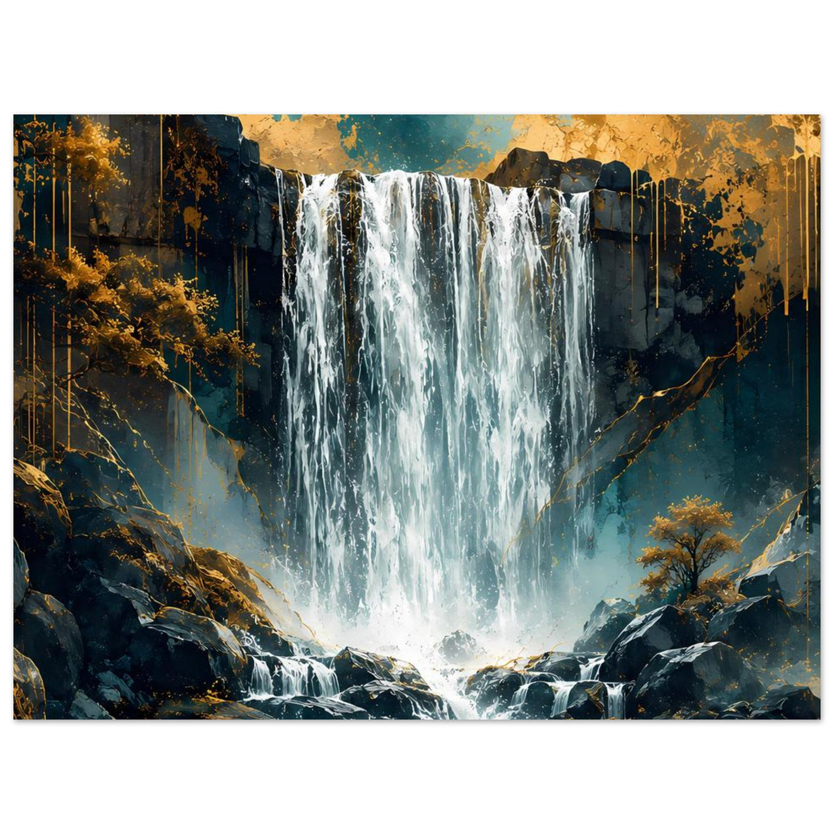 Wasserfall-Poster mit türkisfarbenem Wasserfall, dunklen Felsen, goldenen Farbakzenten im Motiv
