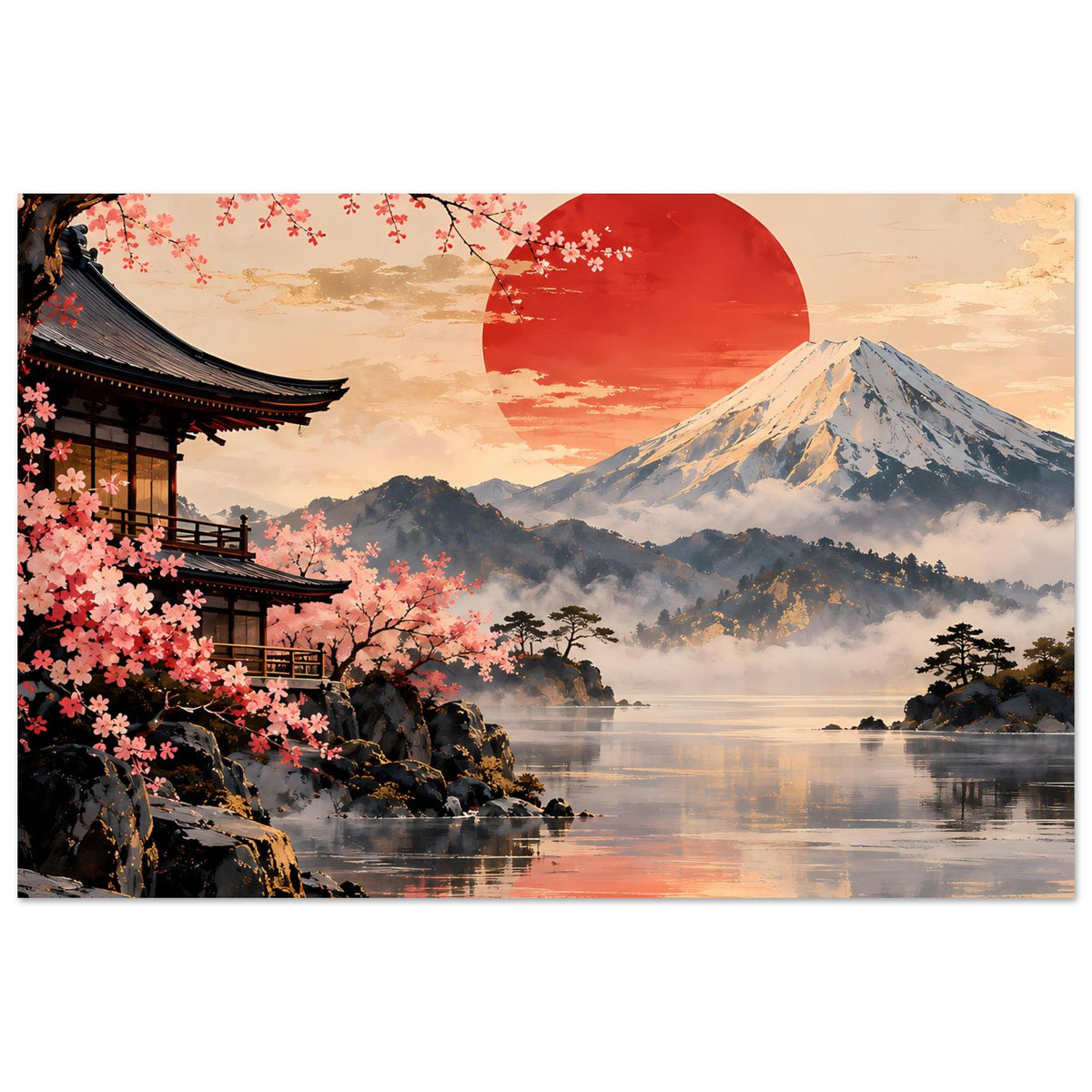 Japanisches Landschaftsposter, Kirschblütenzweige, Pagode, Fuji und Himmel mit rotem Halbkreis