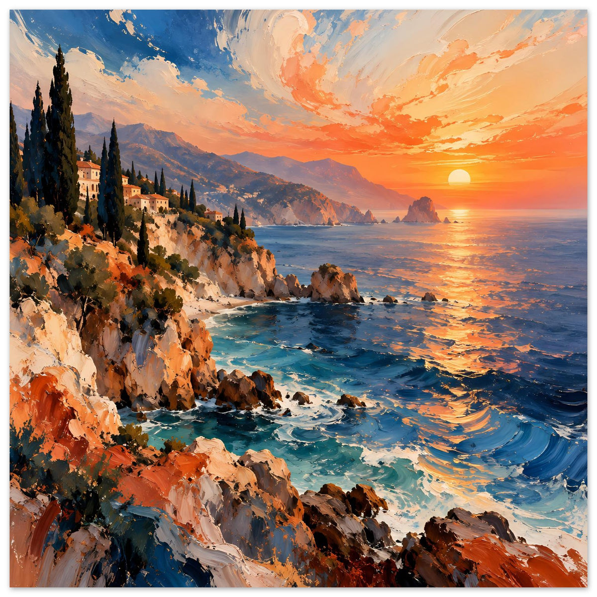 Küstenlandschafts-Poster mit warmem Sonnenuntergang, Felsenklippen am Ufer und Meereswellen