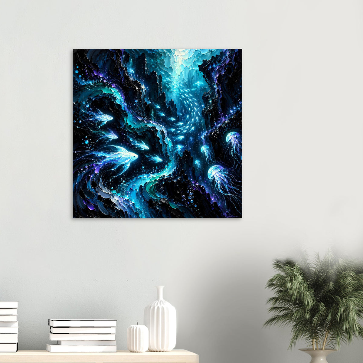 Leuchtendes Unterwasser-Poster im Quadratformat: leuchtend blaue Fische und Quallen, viele Blasen