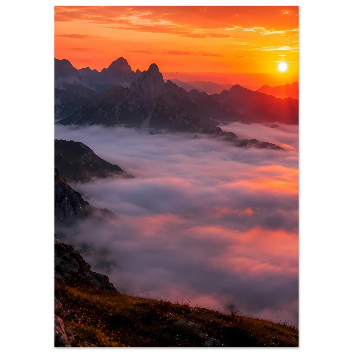 Poster im Hochformat: orangefarbener Sonnenuntergang über felsigen Bergen