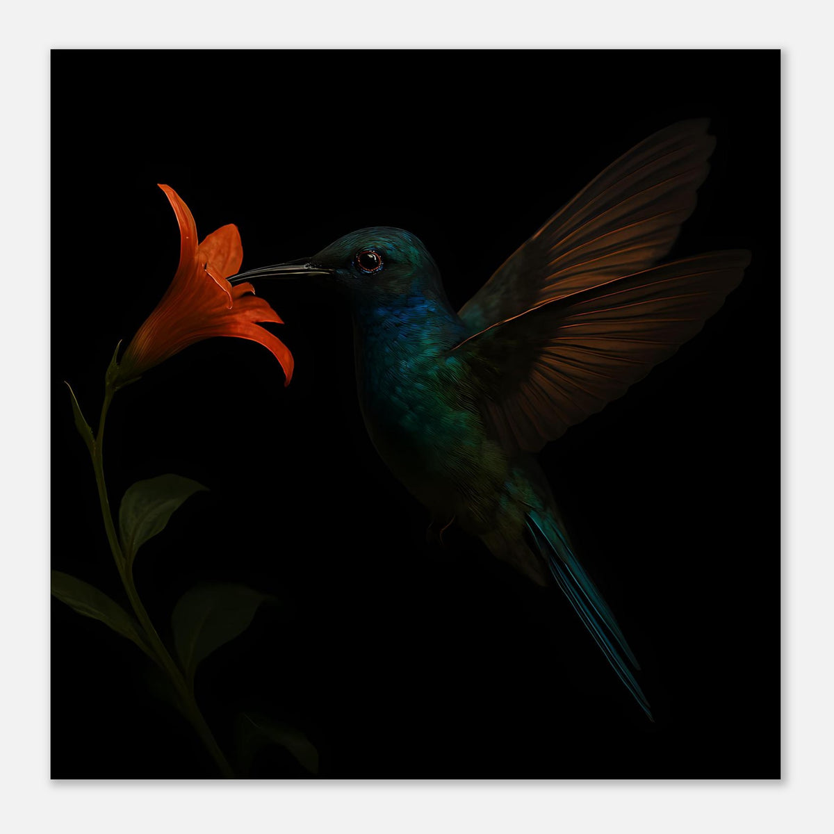 Kunstdruck: Kolibri in Petrol mit orangefarbener Blüte, zentraler Vogel, dunkler Look