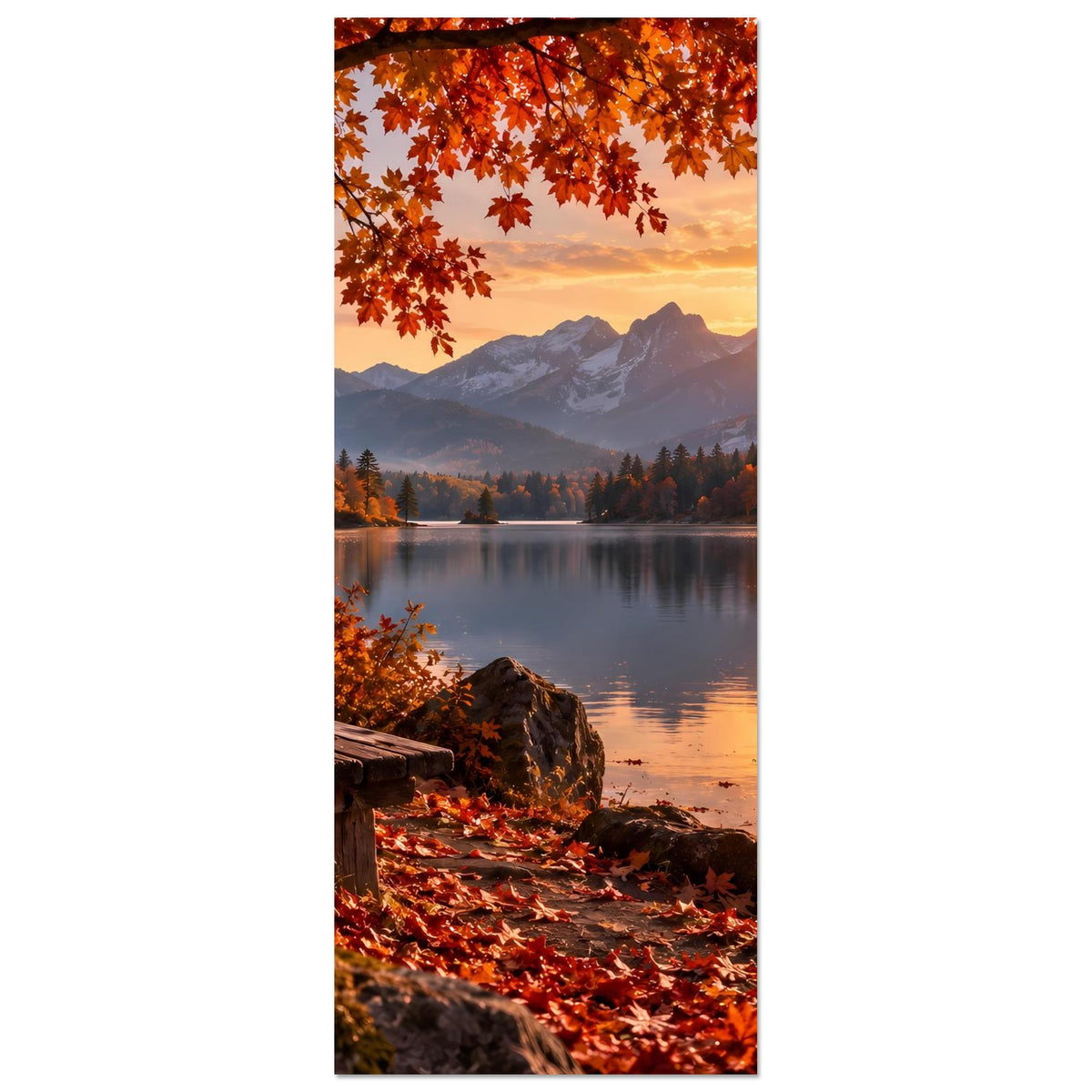 Herbstlandschaft-Poster im Hochformat: Berge, Seeufer und rotes Herbstlaub bei Sonnenuntergang