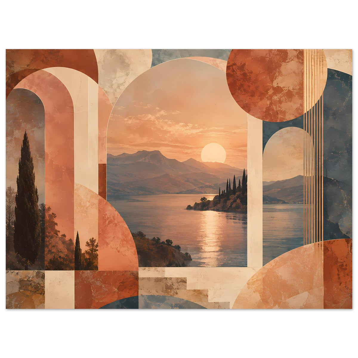 Abstraktes Poster mit warmen Farbfeldern, Sonnenuntergang über See und geometrischen Formen