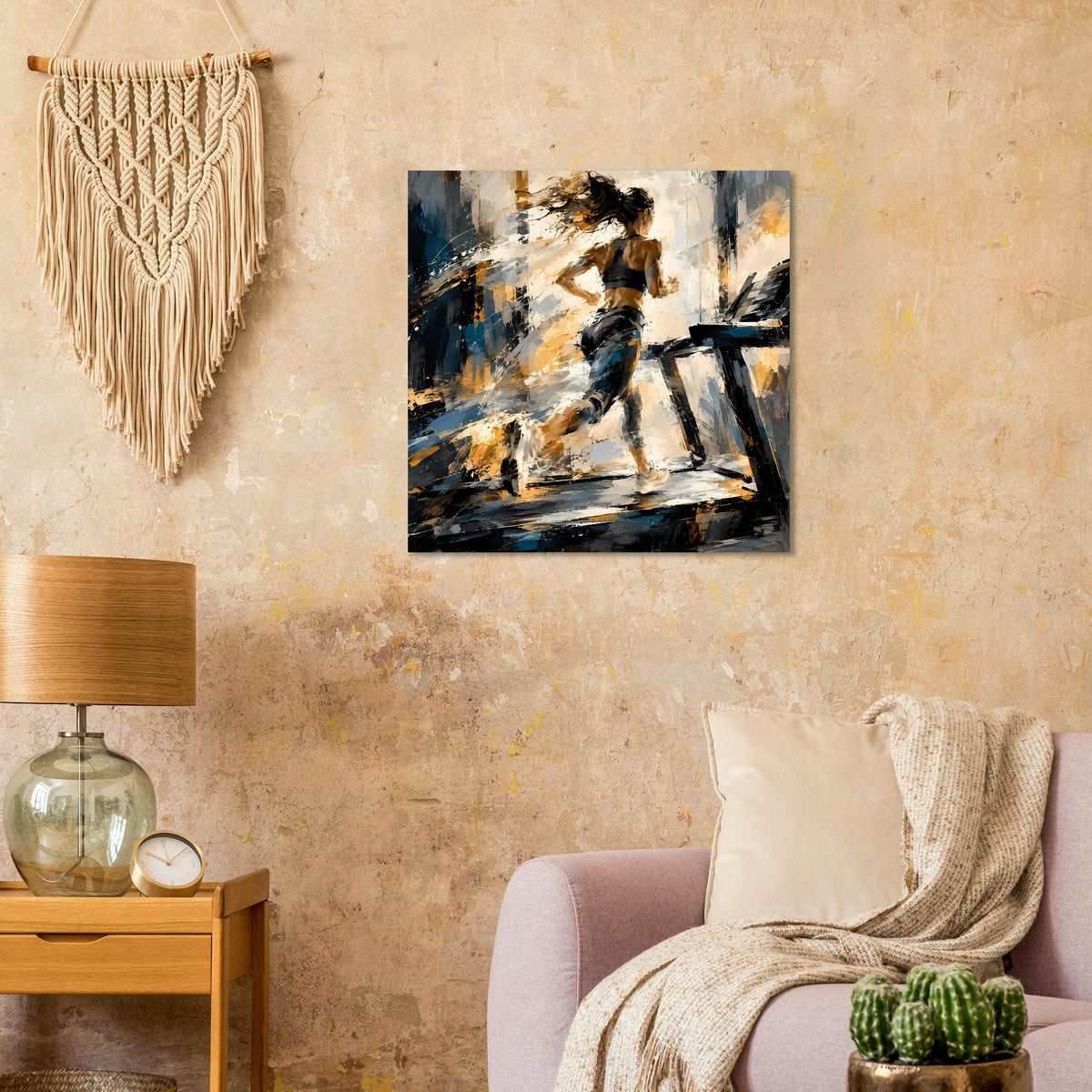 Quadratisches Kunstposter: abstrakte Läuferdarstellung mit kräftigen Pinselstrichen