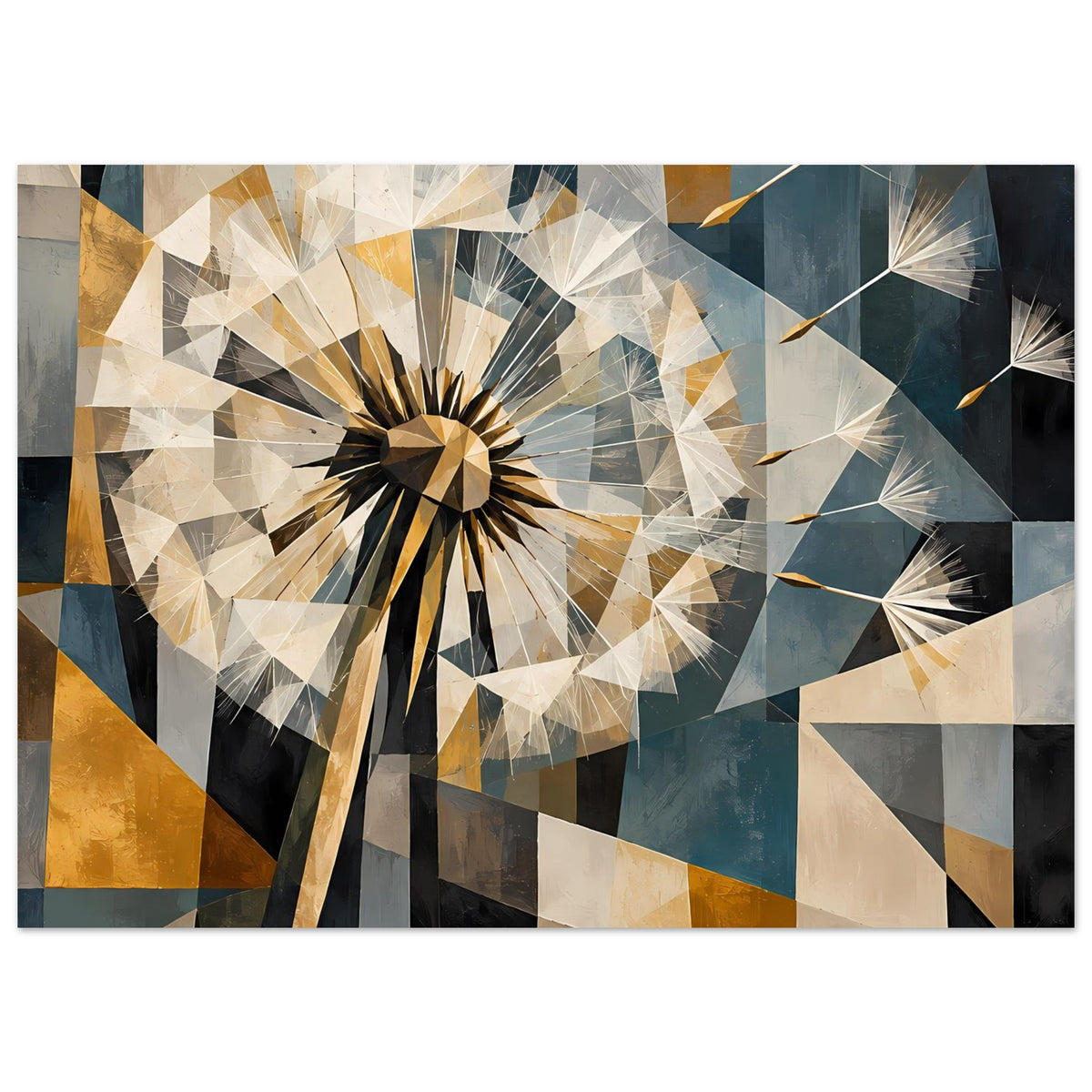 Geometrisches Pusteblumen-Poster mit funkelnder Dreiecksstruktur, gold, blau und dunkelgrau
