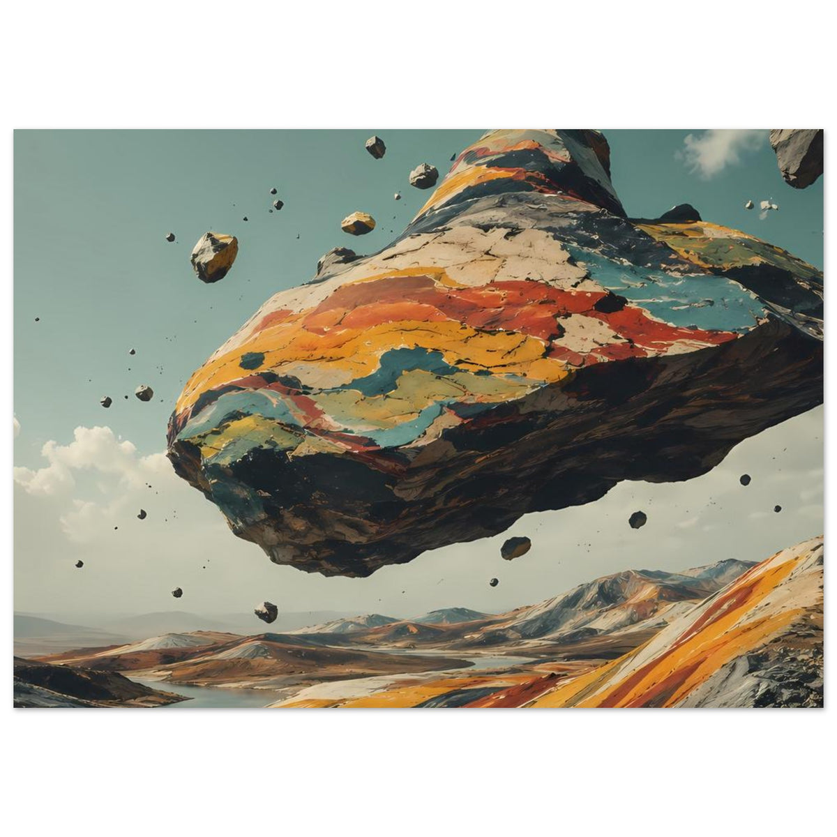 Kunstposter im Querformat: schwebender Berg mit kräftigen Erd- und Himmelstönen sowie Gesteinssplittern